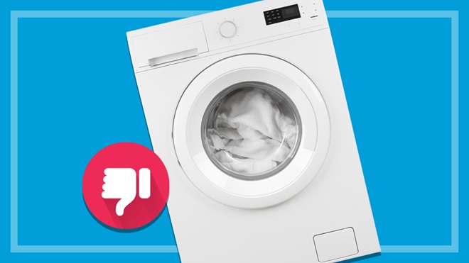 a white washing machine on a blue background with a red bubble showing a thumbs down